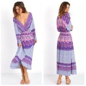 Free People She's A Lady Flowy V Neck Midi Dress‎ Size XSmall Smocked Waist Boho